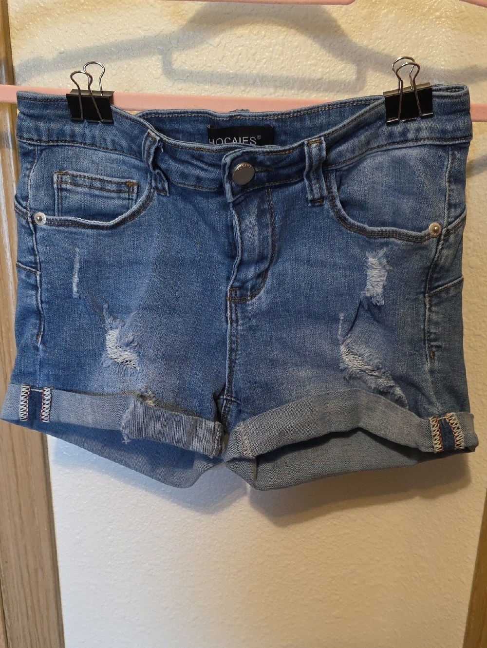 Hocaies Distressed Rolled Cuff Denim Shorts - Blue